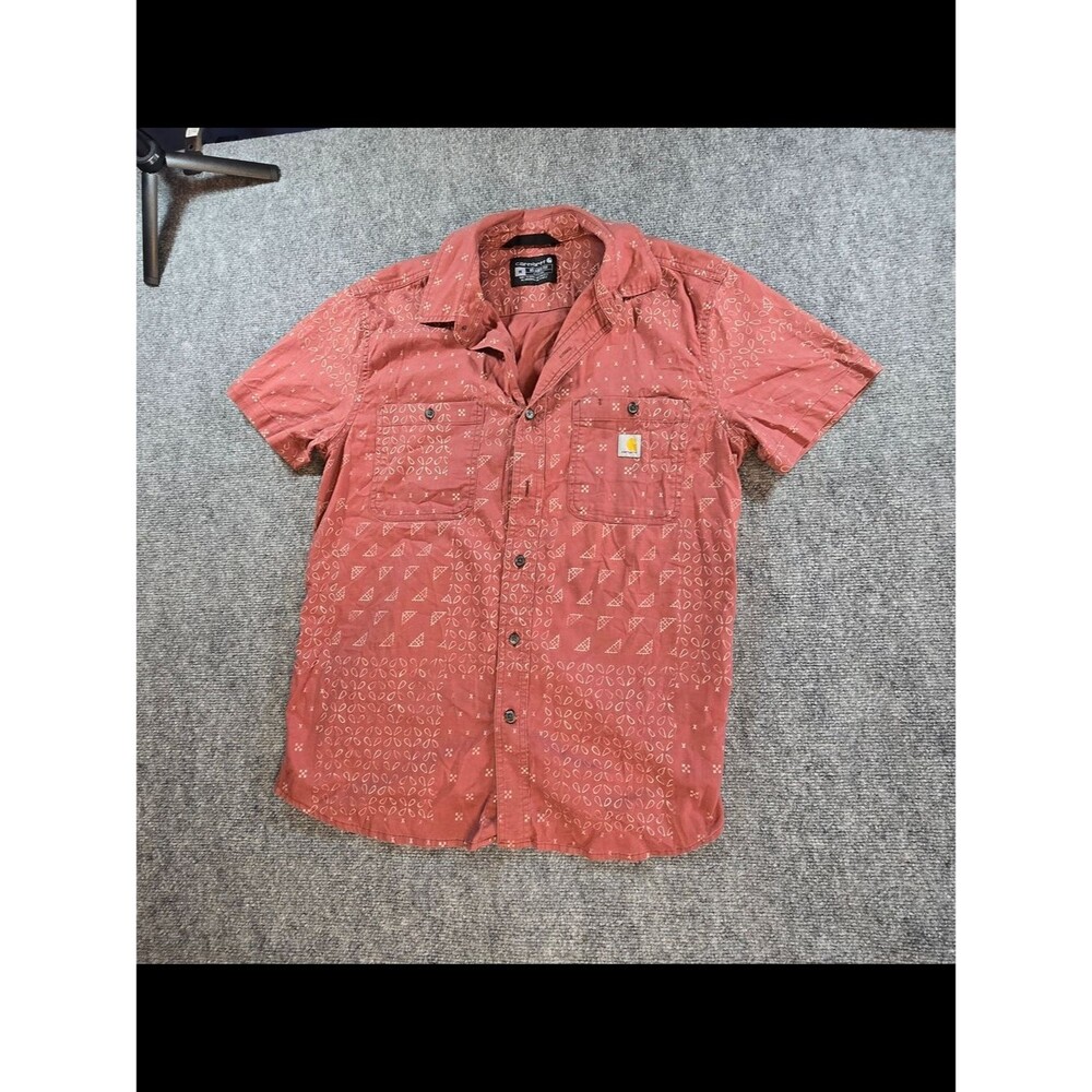 Carhartt Mens M Rust Red Bandana Print Short Sleeve Button Up Work Shirt